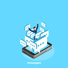 electronic messages and letters on the smartphone, isometric image