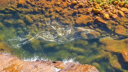 Agua cristalina de colores verde y amarillo sobre rocas naranjas. Ideal para utilizar como imagen de fondo