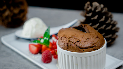 Ice cream with strawberries, mousse dessert served at restaurant