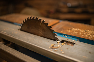 Saws details of furniture with a circular saw. Tinted image. close up. circular saw for cutting wood. workshop, wooden sawdust flying in the sides. to plan a tree.