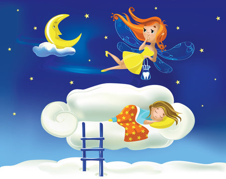 Cute cartoon fairy flies flying against the background of the starry sky above a little girl sleeping on a cloud