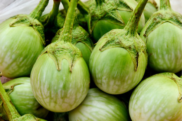 Fresh Thai eggplants or Brinjal  in the morning market.
Many Thai eggplants with full frame.