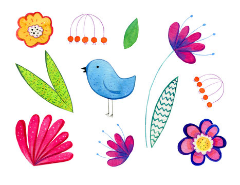 Hand drawn watercolor set of cartoon decorative flowers, plants and bird. Illustration for children prints, posters and cards