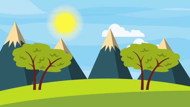 natural trees snowy mountains sunny day sky animation