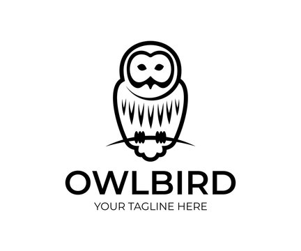 Bird owl linear sits on branch, logo design. Animal, wildlife, nature and night predatory bird, vector design