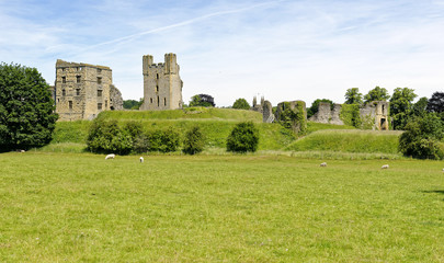 Fototapeta na wymiar Ruins of medieval Helmsley Castle in the small market town of Helmsley in North Yorkshire, England