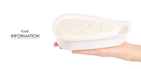 Cottage cheese in a plastic container in hand pattern on a white background isolation