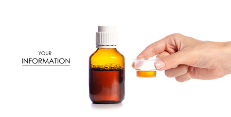 Bottle of syrup in hand medicine pattern on white background isolation