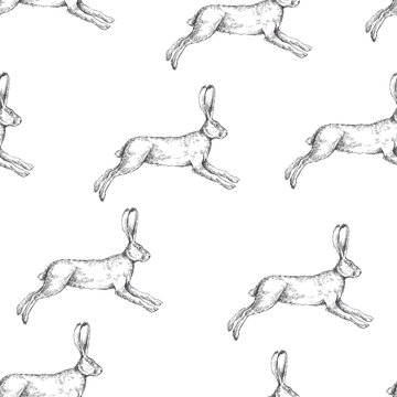 Vector seamless vintage pattern with running hare isolated on white. Black and white texture with hand drawn jumping rabbit. Engraved cute animal