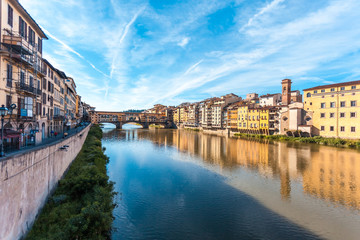 View of medieval stone bridge Ponte Vecchio and the Arno River in Florence, Tuscany, Italy