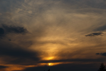 Dramatic sunset sky with clouds. Colorful sunset. Background at dark sky