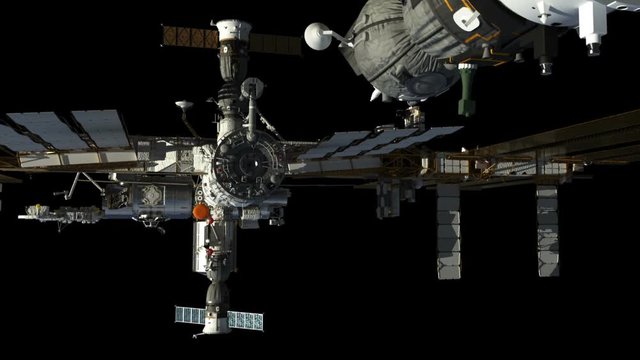 Spacecraft Docking To International Space Station With Alpha Matte. 3D Animation.