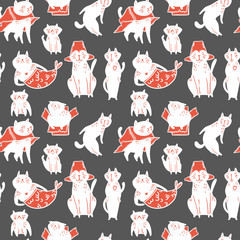 Cute cartoon cats with happy expression, walking, sitting, sleeping. Hand drawn seamless pattern. Vector.