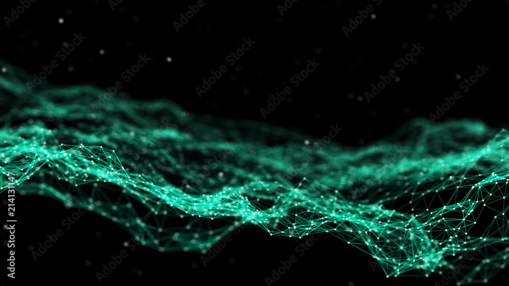 Fototapete Network connection dots and lines. Technology background. Plexus. Big data background. Green. 3d rendering.