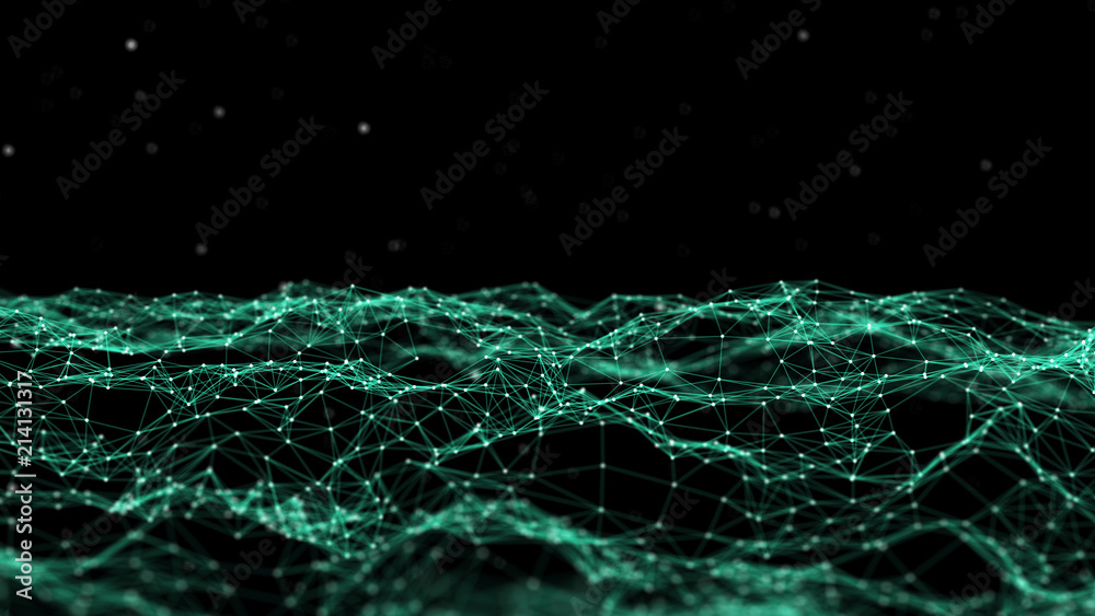 Fototapete Network connection dots and lines. Technology background. Plexus. Big data background. Green. 3d rendering.