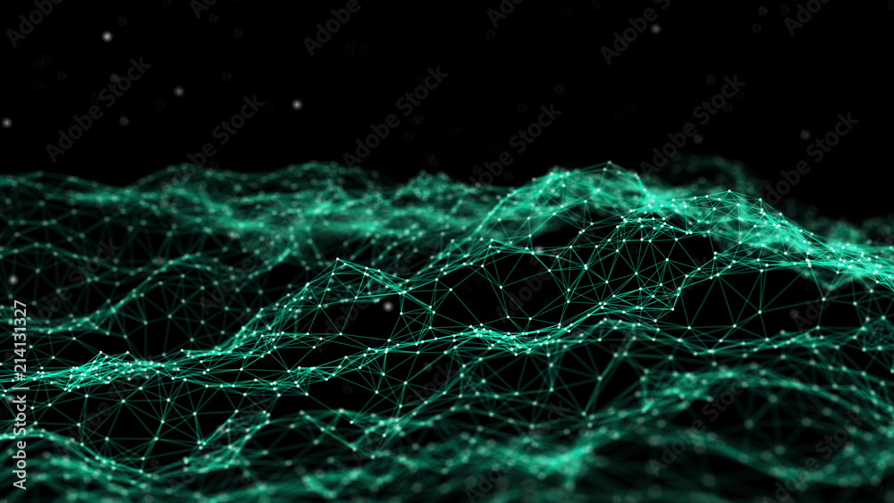 Poster Network connection dots and lines. Technology background. Plexus. Big data background. Green. 3d rendering.