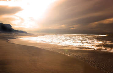 Beautiful golden sunrise in a deserted beach in Panama