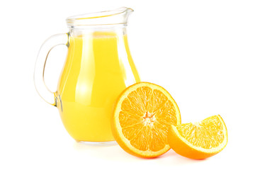 orange juice with orange slices isolated on white background. juice in jug