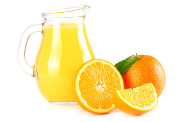 orange juice with orange slices isolated on white background. juice in jug