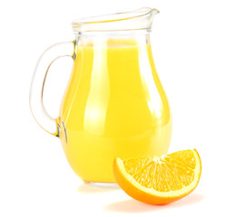 orange juice with orange slices isolated on white background. juice in jug