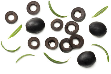 Marinated black olives with rosemary isolated on white background. top view