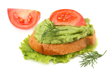 sandwich with avocado cream isolated on white background. Healthy food