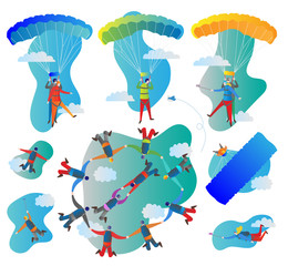Skydiving vector illustration set. Collection of solo, tandem and formation group flights. Pilot with passenger, harness, parachute and selfie stick. Extreme sport.