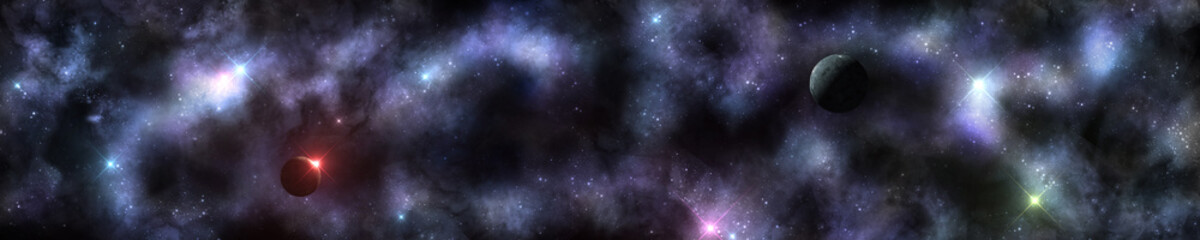 Panorama of the space landscape. Nebula and planets. Starry landscape.
3D rendering