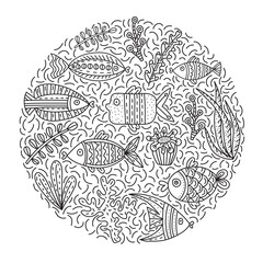 Doodle vector illustration with cute fishes and seaweeds.