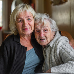 Portrait of a very old woman with her adult daughter in an embrace.