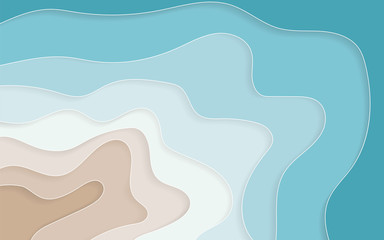 Paper art cartoon abstract waves, holes. Blue sea and beach summer background with paper waves and seacoast for banner, invitation, poster or web site design. Vector illustration