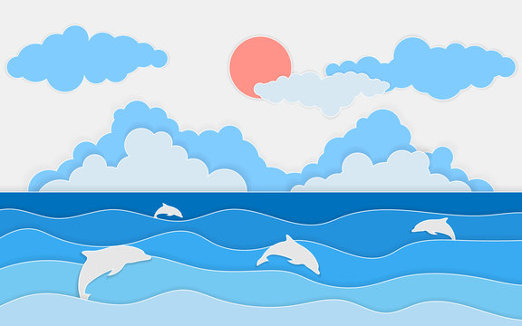 Illustration of sea view with dolphin and clouds. Paper cut and craft style. Summer background with paper waves and seacoast for banner, invitation, poster or web site designVector, illustration