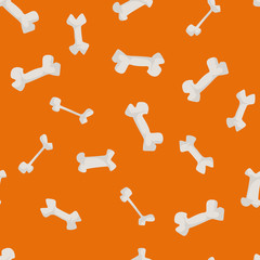 Seamless bones pattern isolated on orange background. Vector cartoon illustration. Pets food texture.