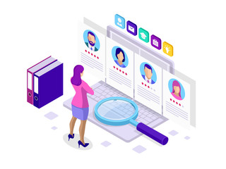 Isometric hiring and recruitment concept for web page, banner, presentation. Job interview, recruitment agency vector illustration