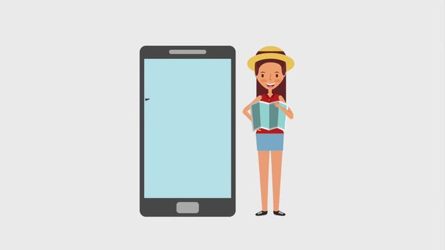 tourist woman with map phone landmarks famous world animation