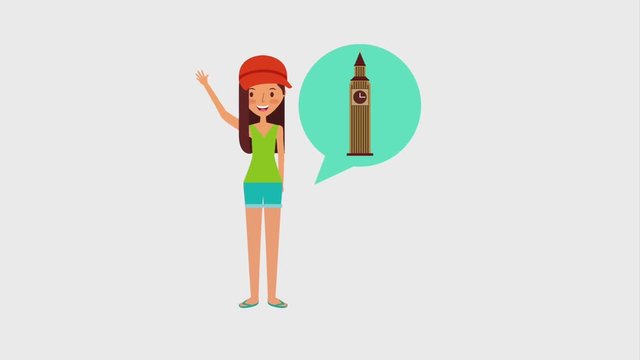 tourist woman monuments in speech bubble animation