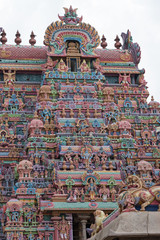 Part of an entrance gateway, or Gopuram, at the Ranganathaswamy temple at Trichy. Tamil Nadu is renowned for its temple structures and their vivid colours