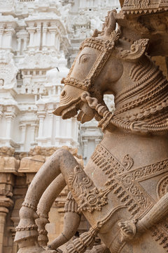 Carvings from monolithic pillars at the entrance to one of the halls at the Sri Ranganatha Swamy temple complex at Trichy in Tamil Nadu