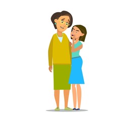 Trusting daughter telling secrets in mom ear standing next to her.