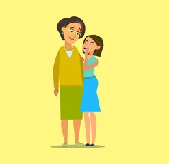 Trusting daughter telling secrets in mom ear standing next to her.