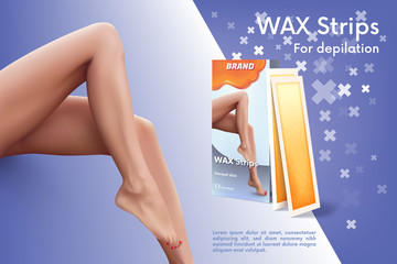 Design of web banner with wax strips. Advertising of means for care of body skin for women. Concept vector illustration of wax strips with beautiful woman's legs.