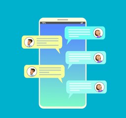 Smartphone with messaging sms app. Chat bubbles on mobile phone touchscreen. Chat between man and woman. Social netwroking.