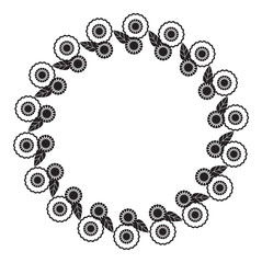 Black and white round frame with abstract flower silhouettes. 