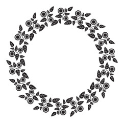 Black and white round frame with abstract flower silhouettes. 