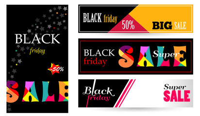 Collection vector banners Horizontal and vertical. Bright banners on black and dark blue background. Black Friday Big Sale. Super sale discount up to 55 .