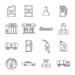 Petrol station gas fuel shop icons set. Outline illustration of 16 petrol station gas fuel shop vector icons for web