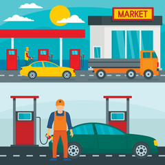 Petrol station gas fuel shop banner concept set. Flat illustration of 2 petrol station gas fuel shop vector banner horizontal concepts for web