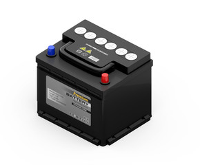 Obraz premium Isometric view of generic maintenance-free car battery isolated on white background. 3D rendering image.