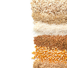 Different types of grains and cereals on white background