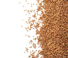 Fototapeta premium Raw buckwheat on white background. Healthy grains and cereals